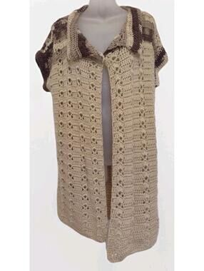 Vintage Handmade Crochet Vest Tunic L Open Weave Boho MOP Button Asymmetrical
